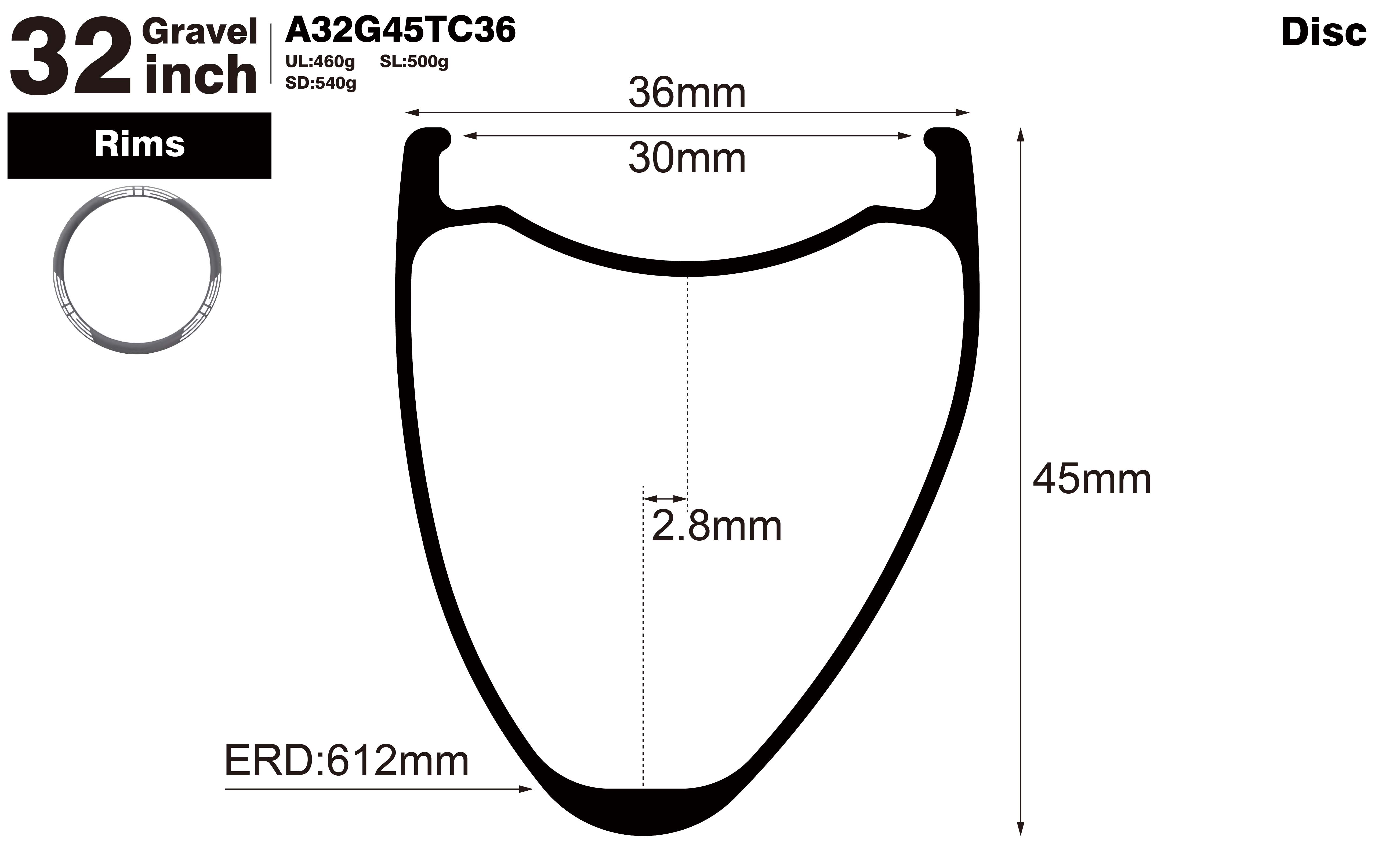 32 inch-I30-D45-asymmetric-road-bike-gravel-carbon-rims-profile-drawing